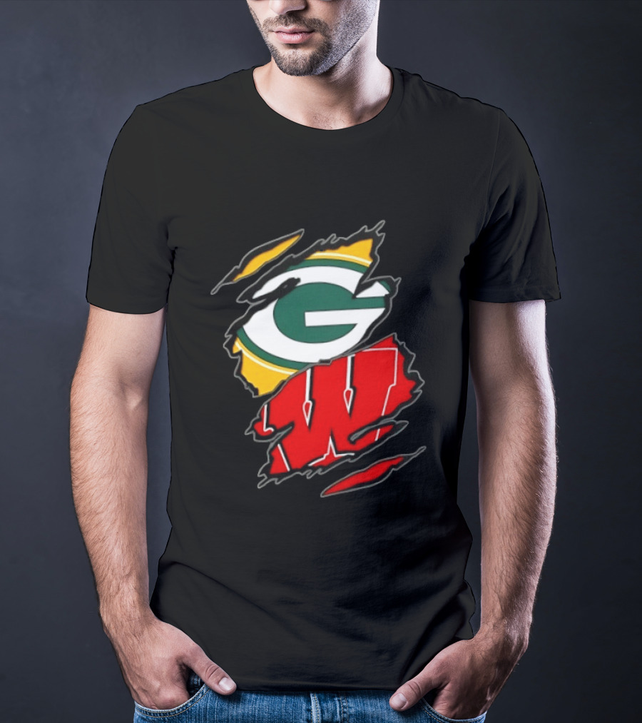 Green Bay Packers Wisconsin Badgers Two Teams One Heart Scratch T-Shirt