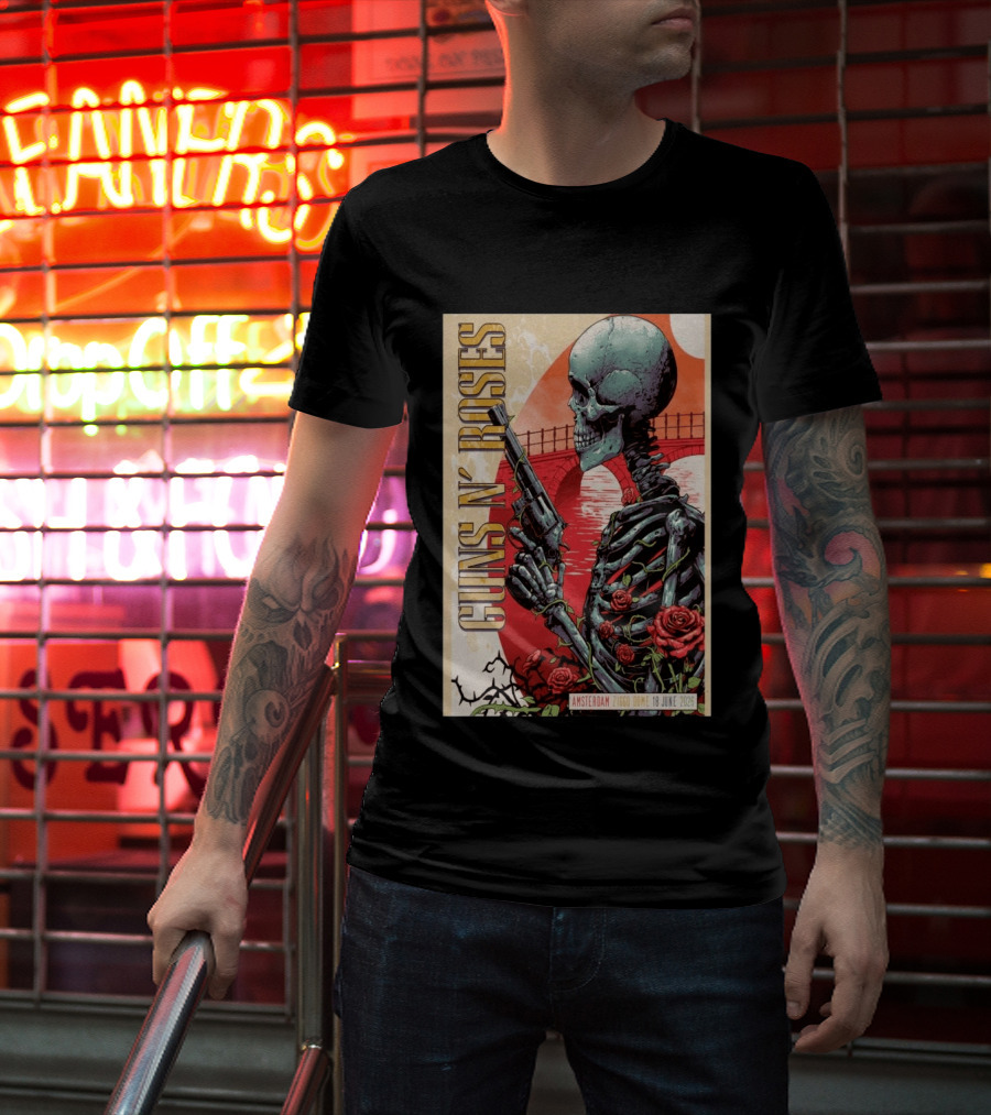 Guns N' Roses Amsterdam 18 June 2026 Ziggo Dome Skeleton With Gun And Roses T-Shirt