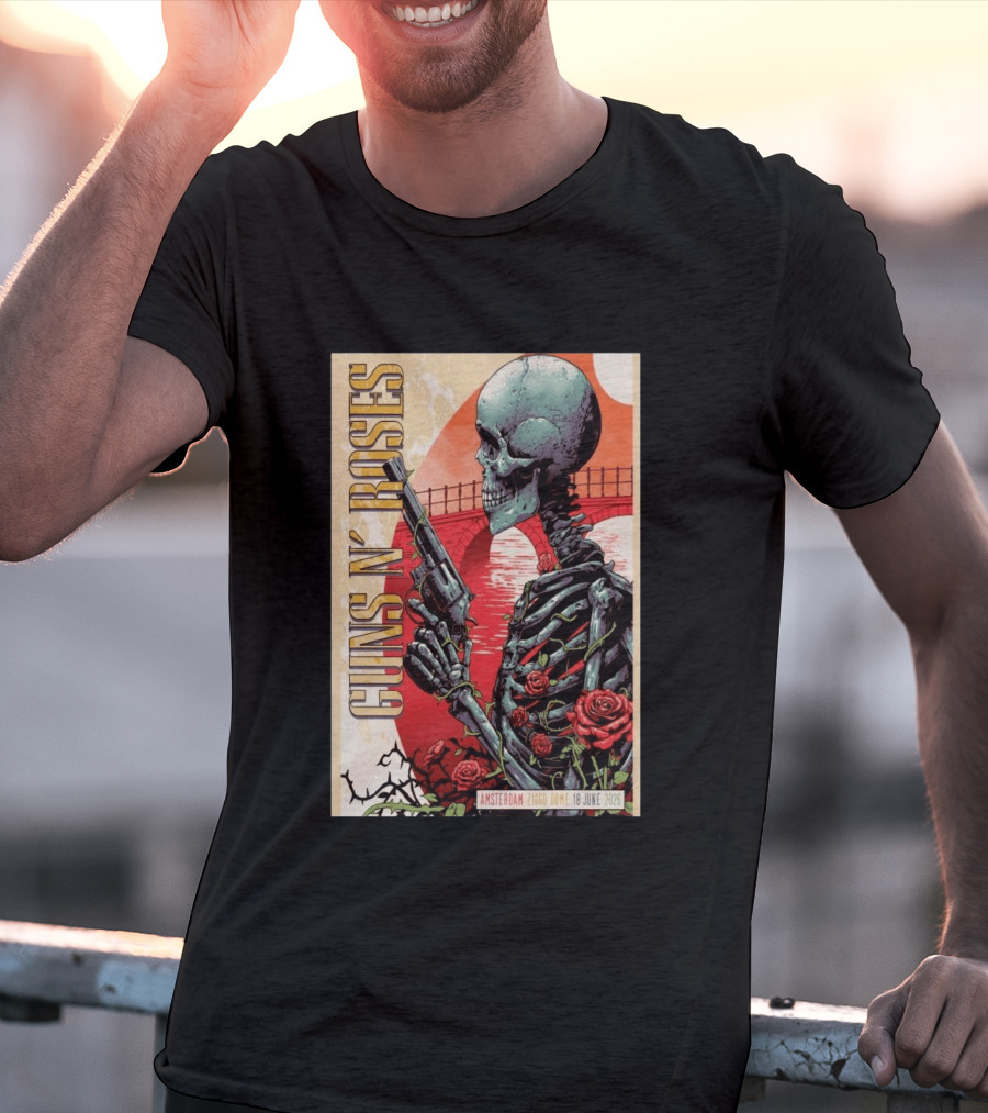 Guns N' Roses Amsterdam 18 June 2026 Ziggo Dome Skeleton With Gun And Roses T-Shirt