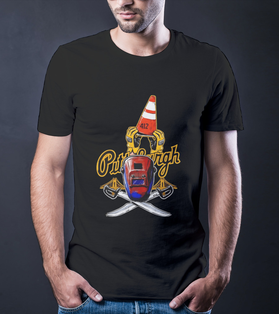 Pittsburgh 412 Welding Mask Construction Cone Crossed Swords Yellow Bridge T-Shirt