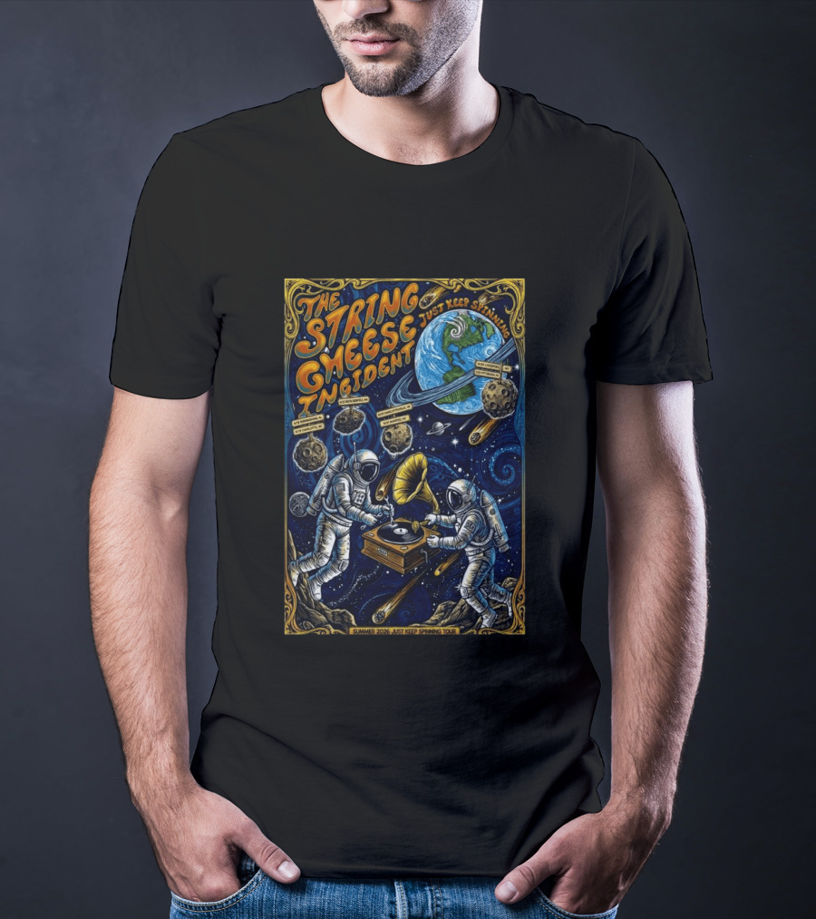 The String Cheese Incident Summer 2026 Just Keep Spinning Tour Astronauts Vinyl Planet T-Shirt