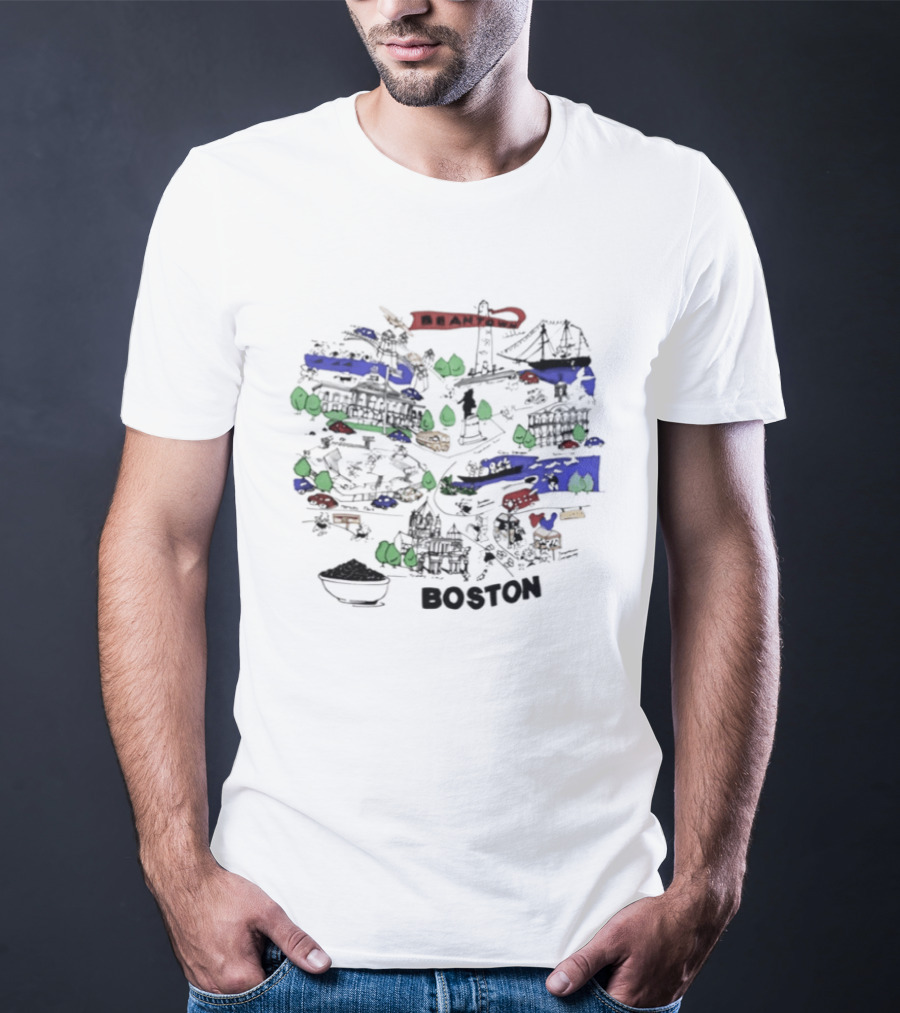 Beantown Boston Skyline Map Massachusetts Souvenir Bridge Boat Trees T-Shirt