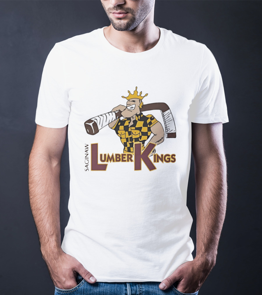 Saginaw Lumber Kings Hockey Team Logo Player With Crown And Hockey Stick T-Shirt