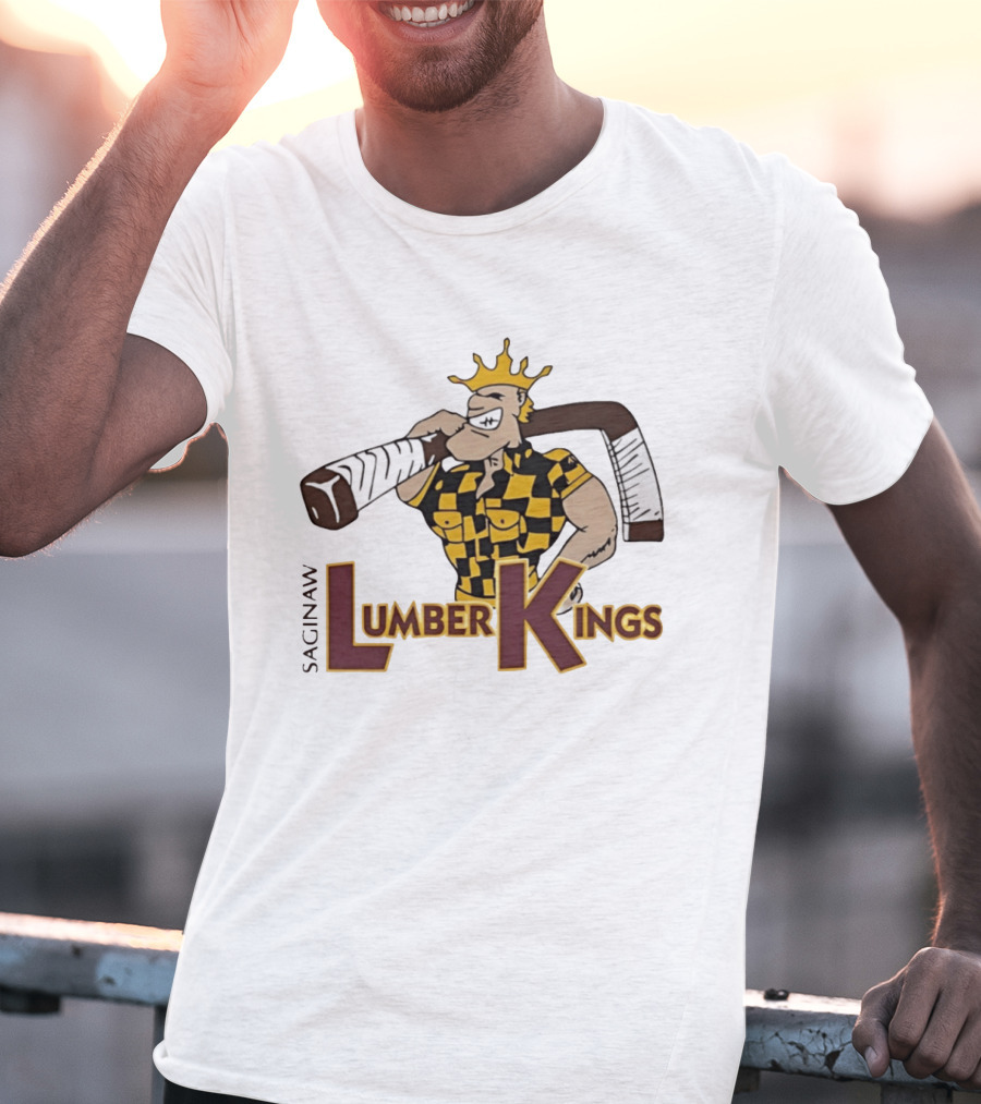 Saginaw Lumber Kings Hockey Team Logo Player With Crown And Hockey Stick T-Shirt