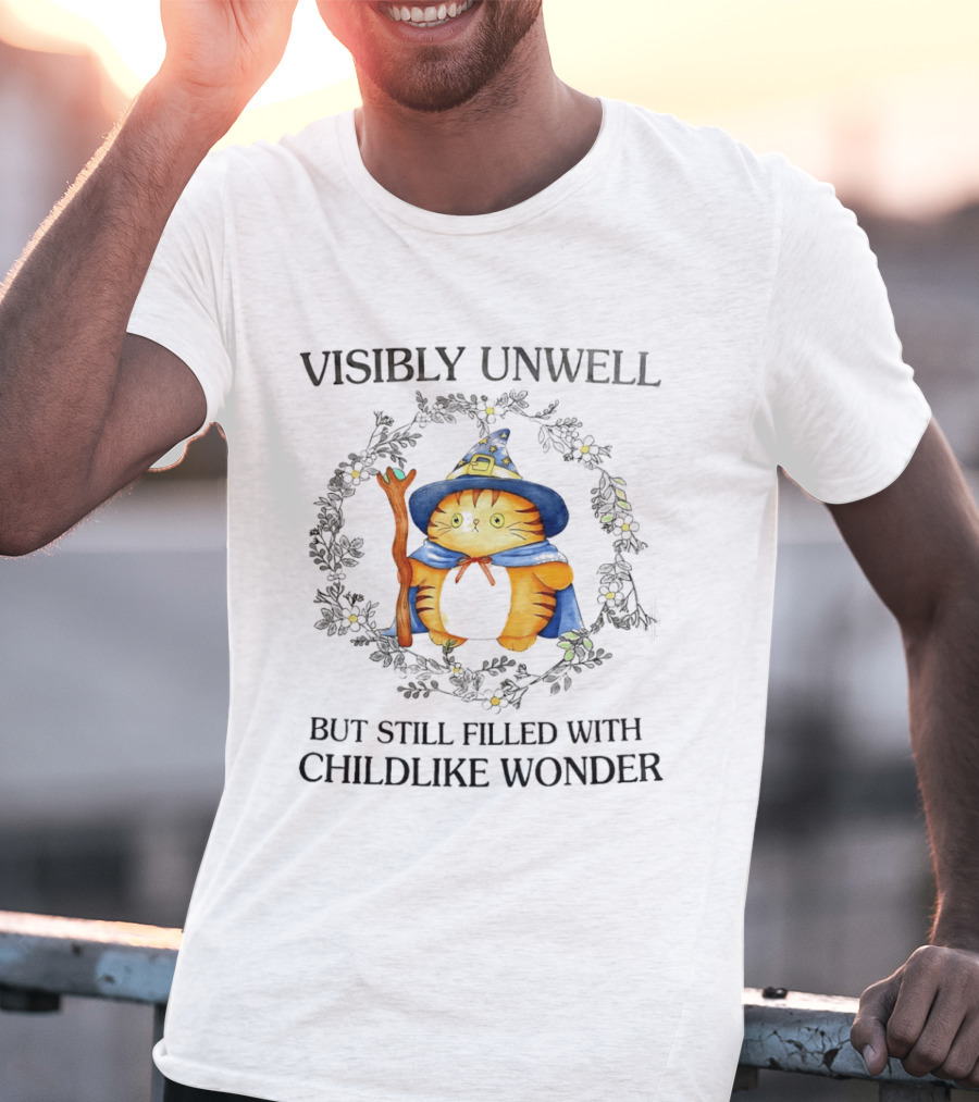 Visibly Unwell Cat With Childlike Wonder Wizard Hat And Cloak T-Shirt