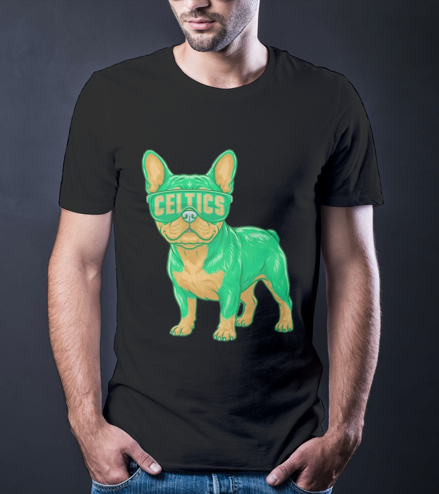 Boston Celtics French Bulldog Wearing Celtics Glasses T-Shirt
