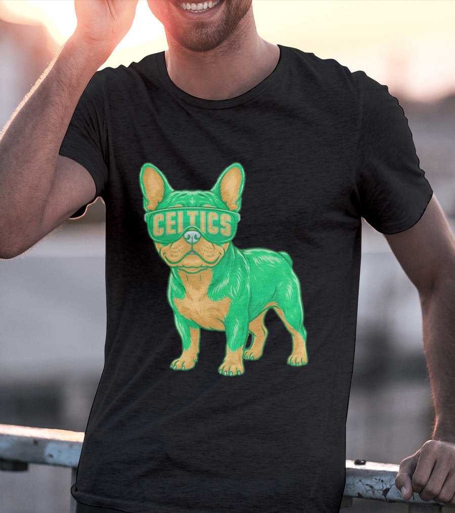 Boston Celtics French Bulldog Wearing Celtics Glasses T-Shirt