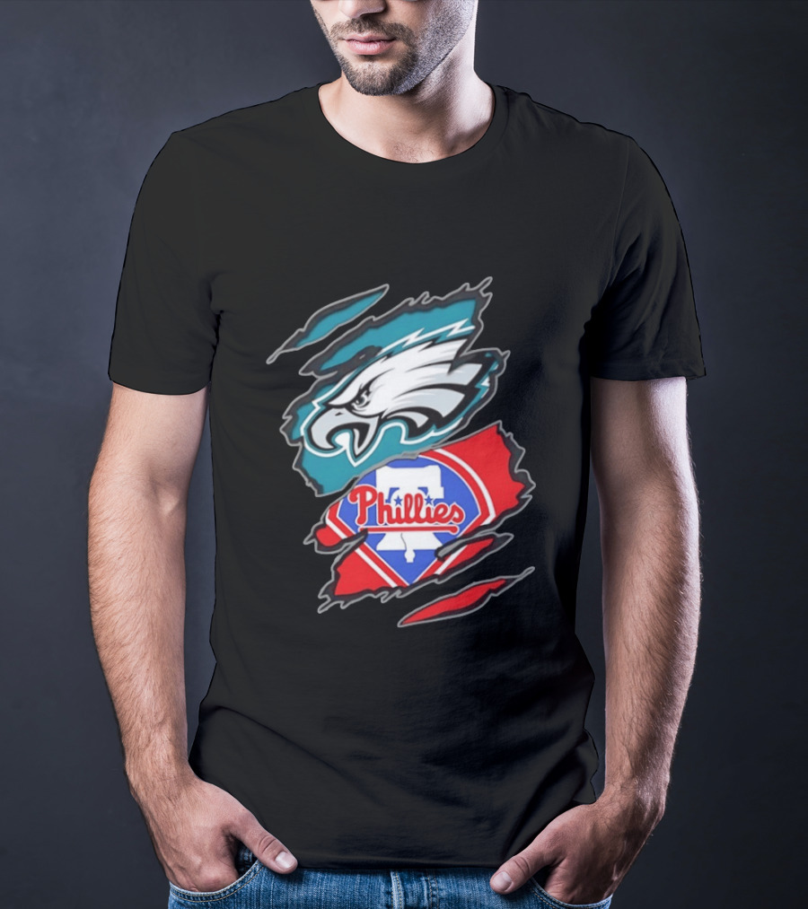 Philadelphia Eagles And Philadelphia Phillies Two Teams One Heart Scratch Logo Fusion T-Shirt