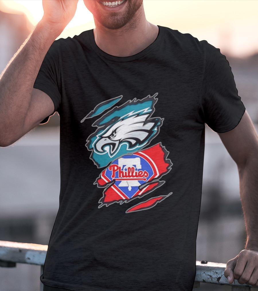 Philadelphia Eagles And Philadelphia Phillies Two Teams One Heart Scratch Logo Fusion T-Shirt