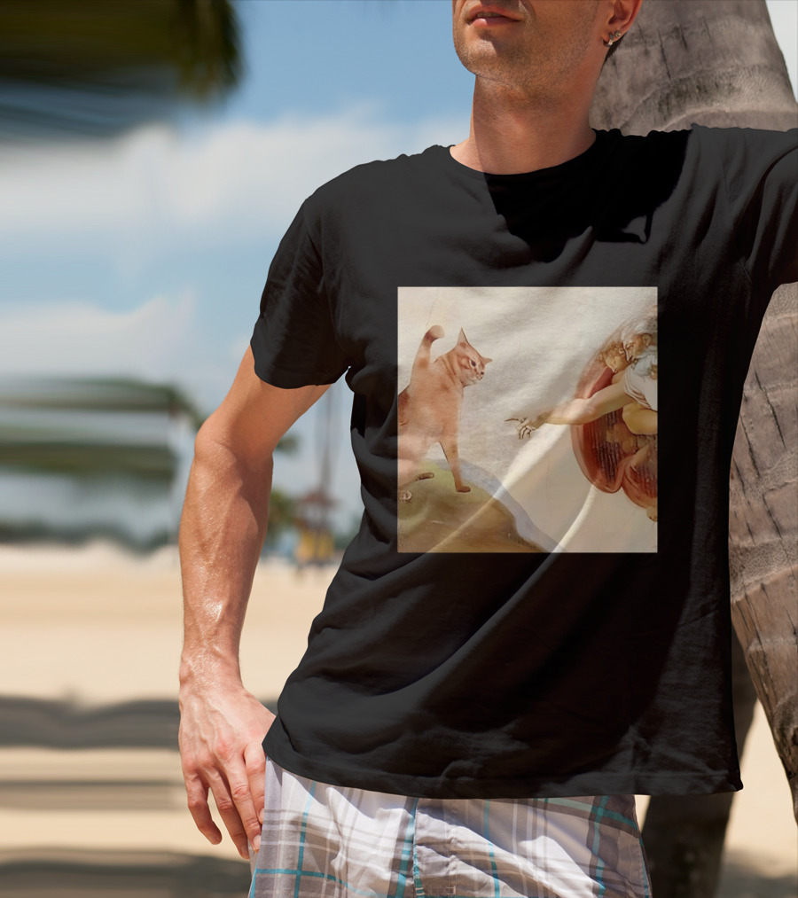 Floppa Meets Creation In Iconic God Touching Fingers Scene T-Shirt