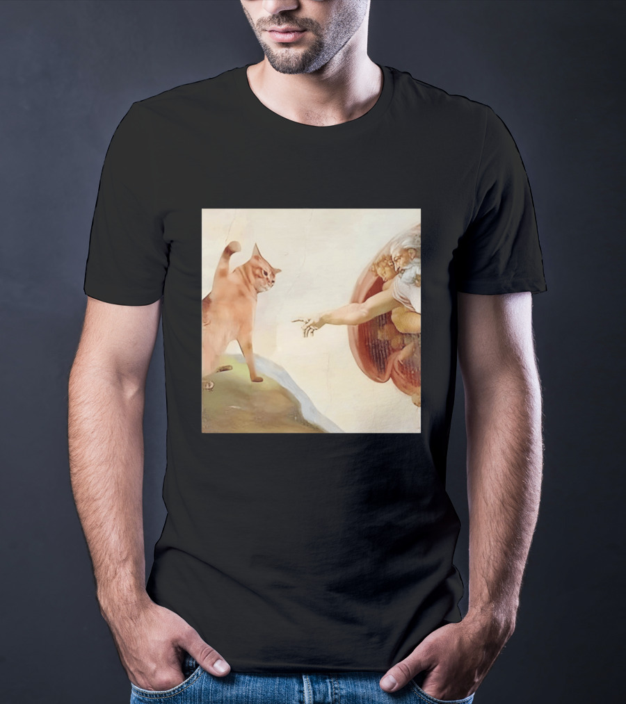 Floppa Meets Creation In Iconic God Touching Fingers Scene T-Shirt