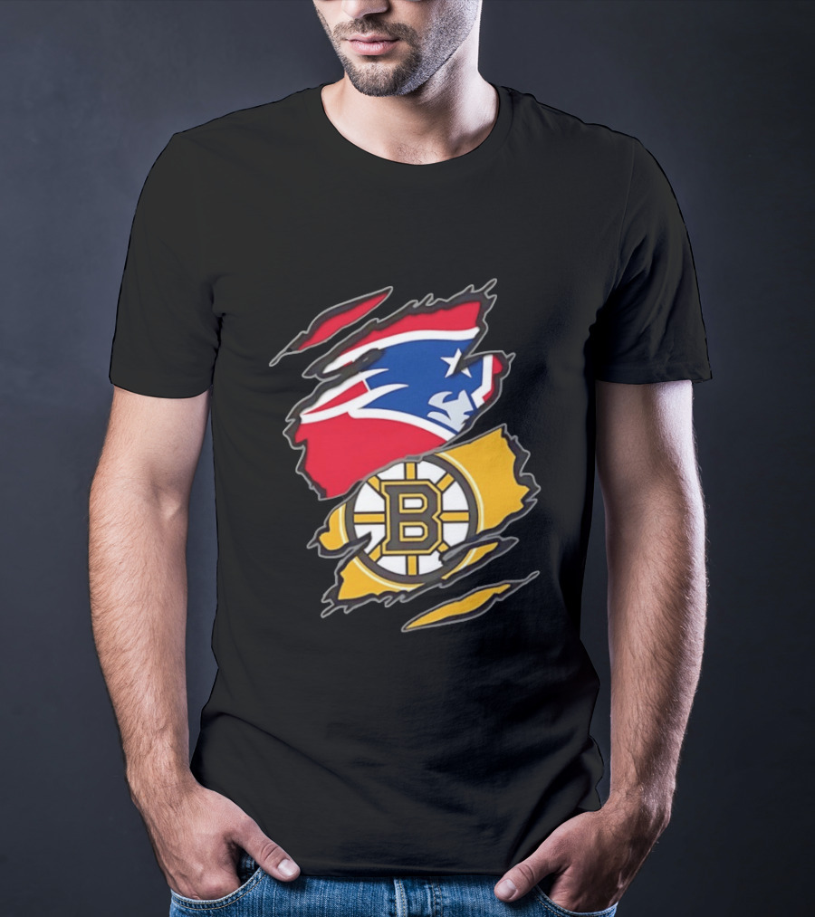 New England Patriots Boston Bruins Two Teams One Heart Scratch NFL NHL Fan T-Shirt