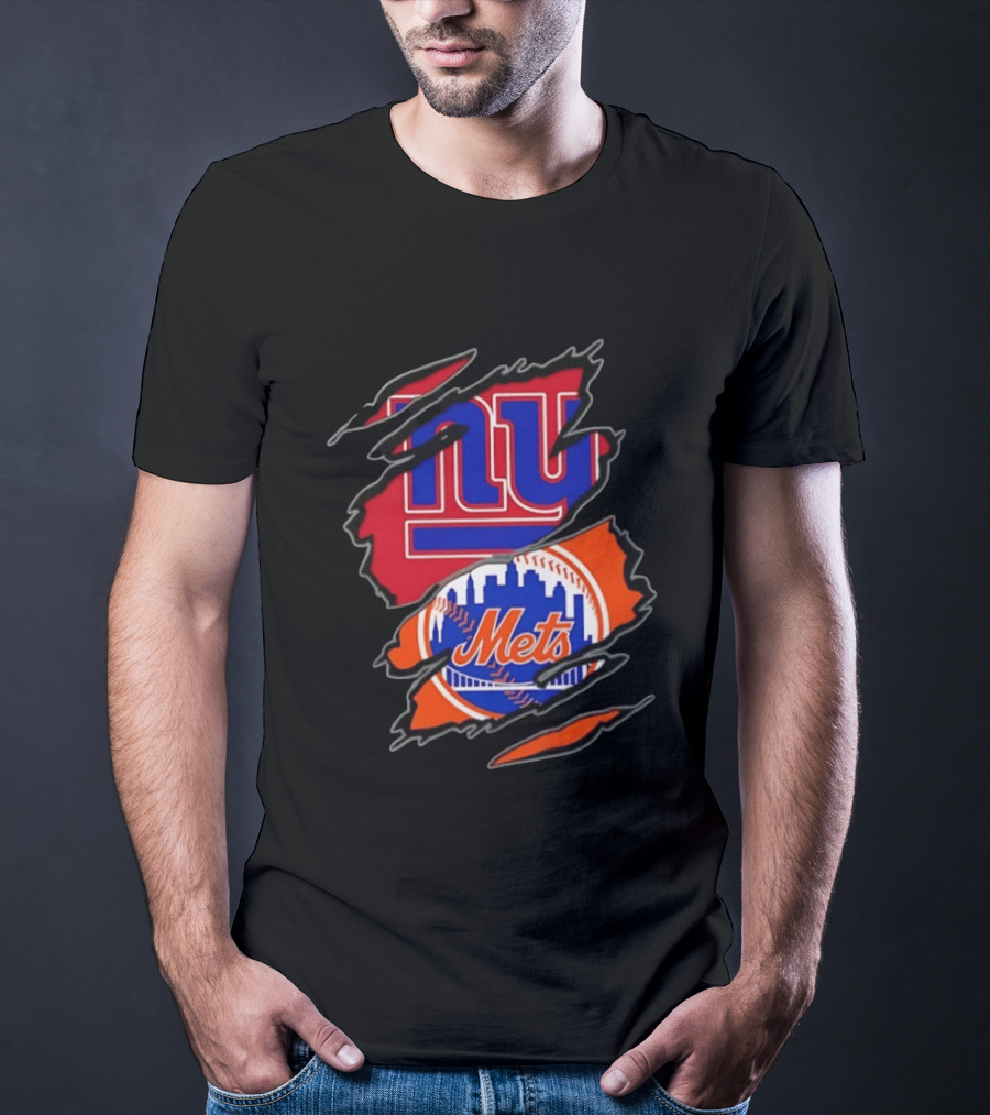 New York Giants New York Mets Two Teams One Heart Scratch T-Shirt