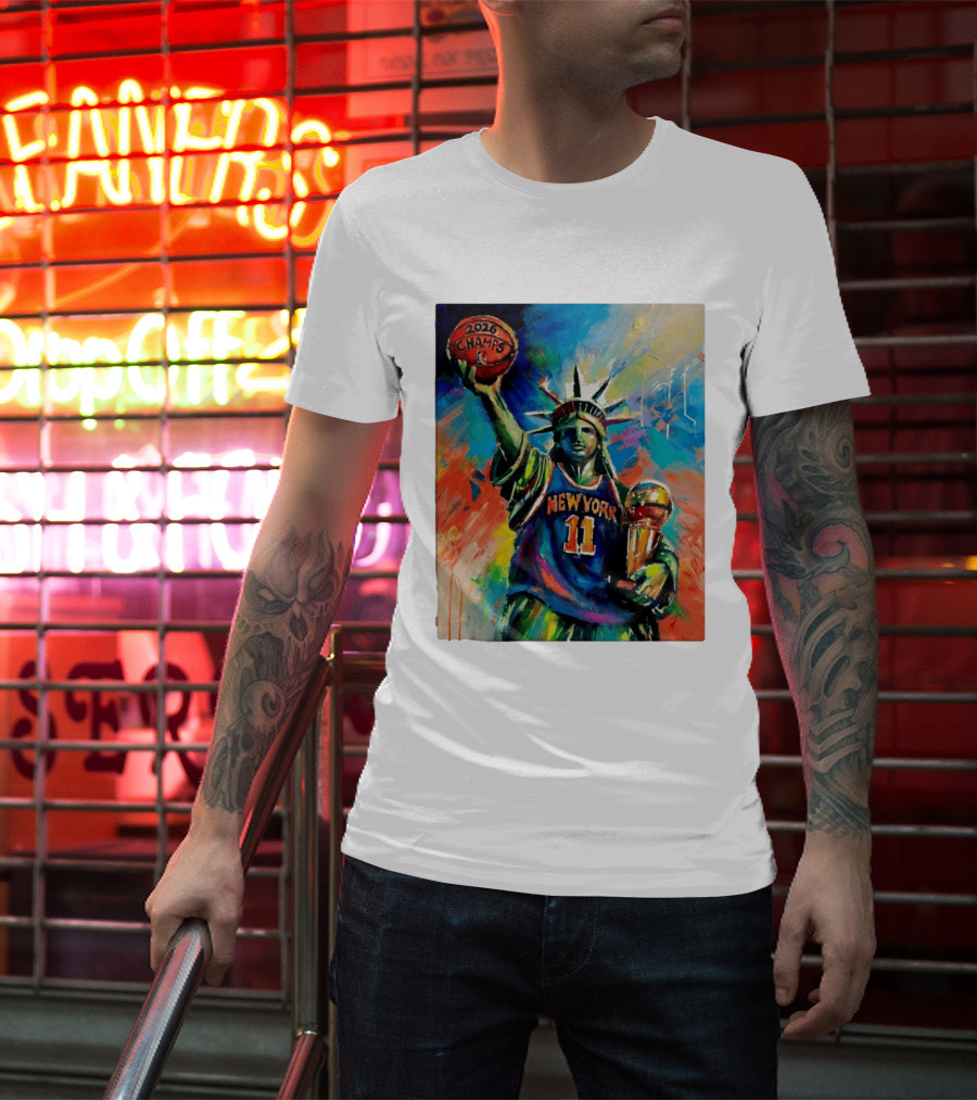 New York Knicks 11 Statue Of Liberty 2026 Champs Trophy Basketball T-Shirt