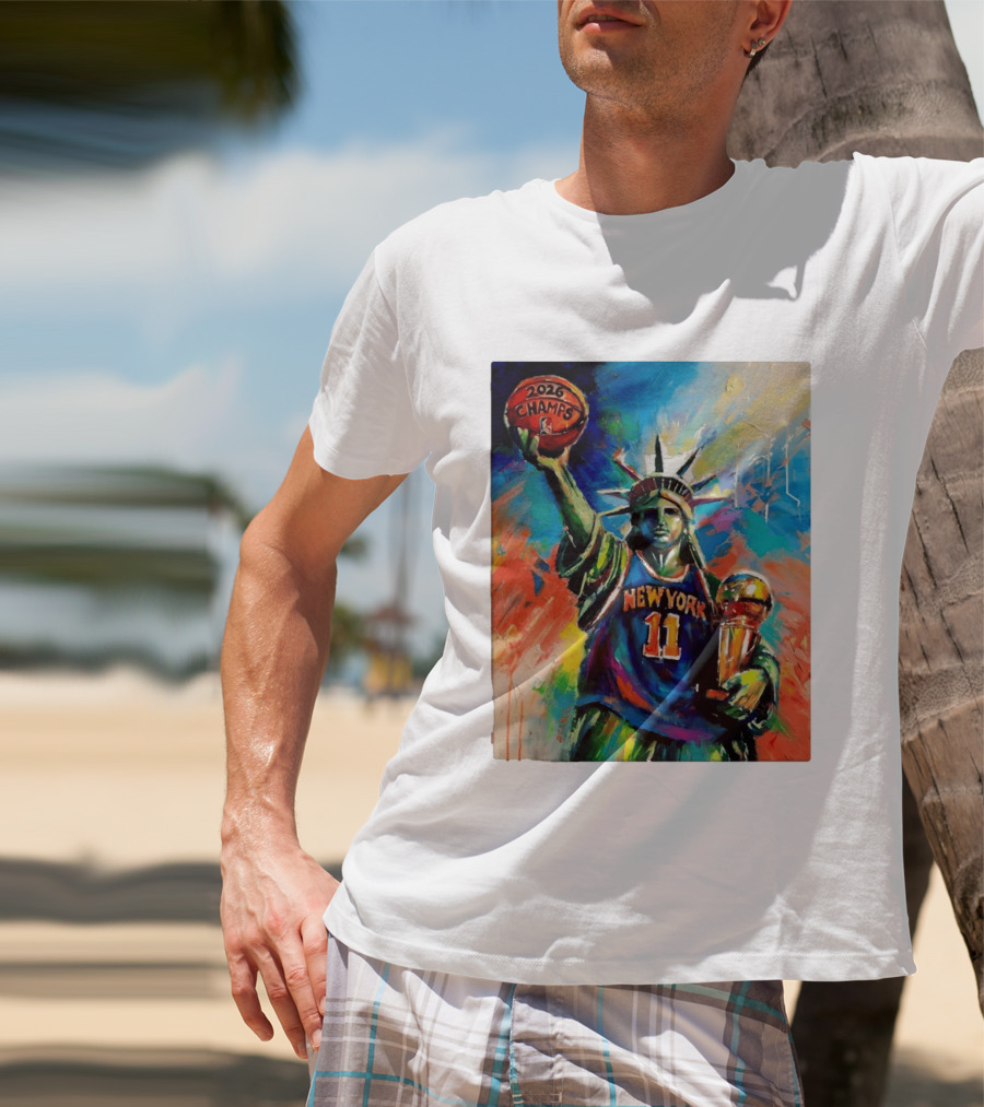 New York Knicks 11 Statue Of Liberty 2026 Champs Trophy Basketball T-Shirt