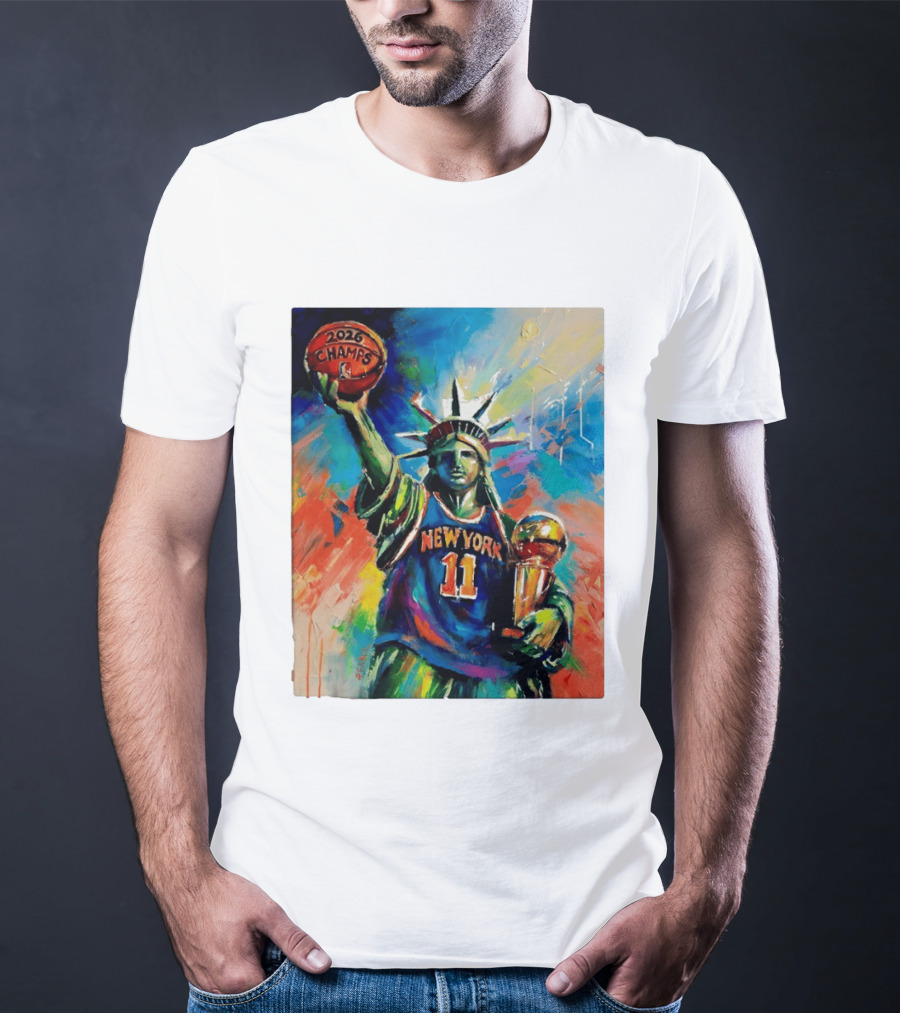 New York Knicks 11 Statue Of Liberty 2026 Champs Trophy Basketball T-Shirt