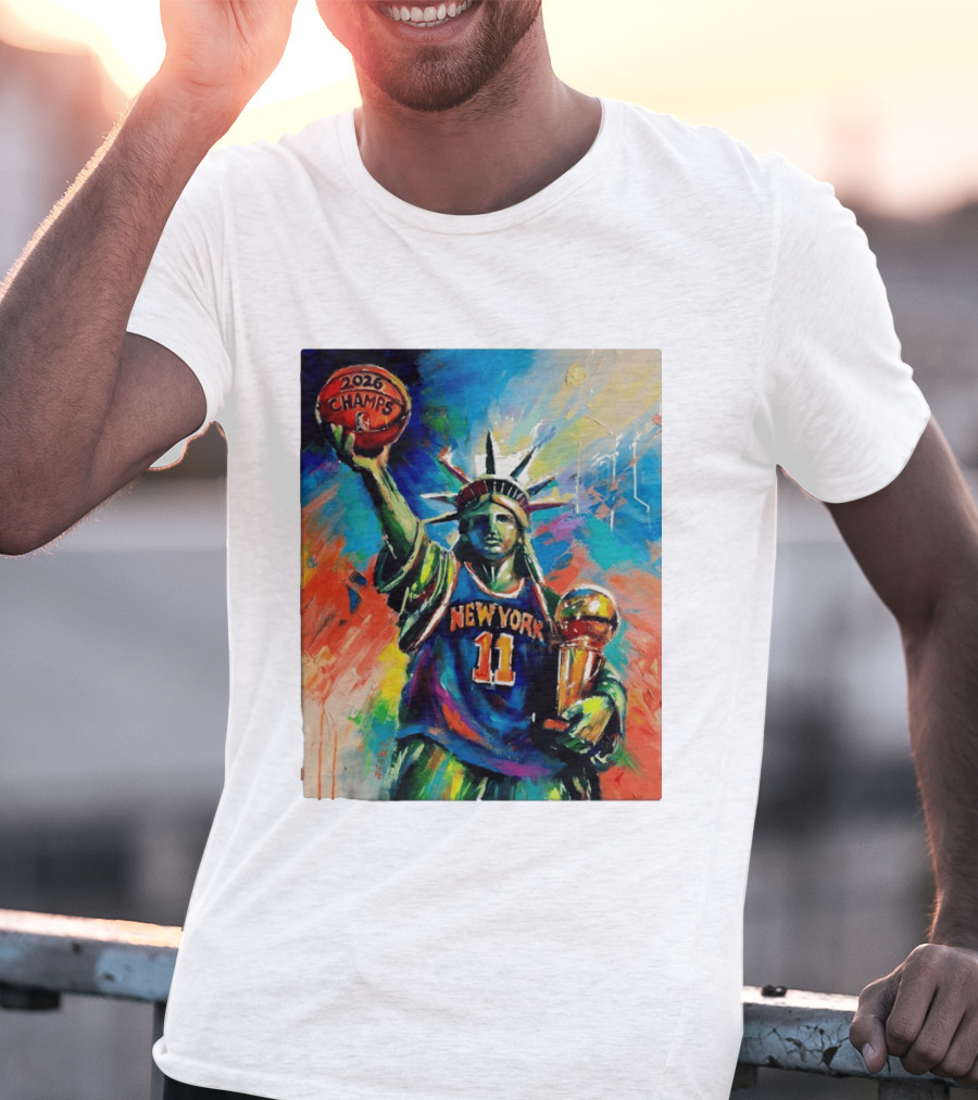 New York Knicks 11 Statue Of Liberty 2026 Champs Trophy Basketball T-Shirt