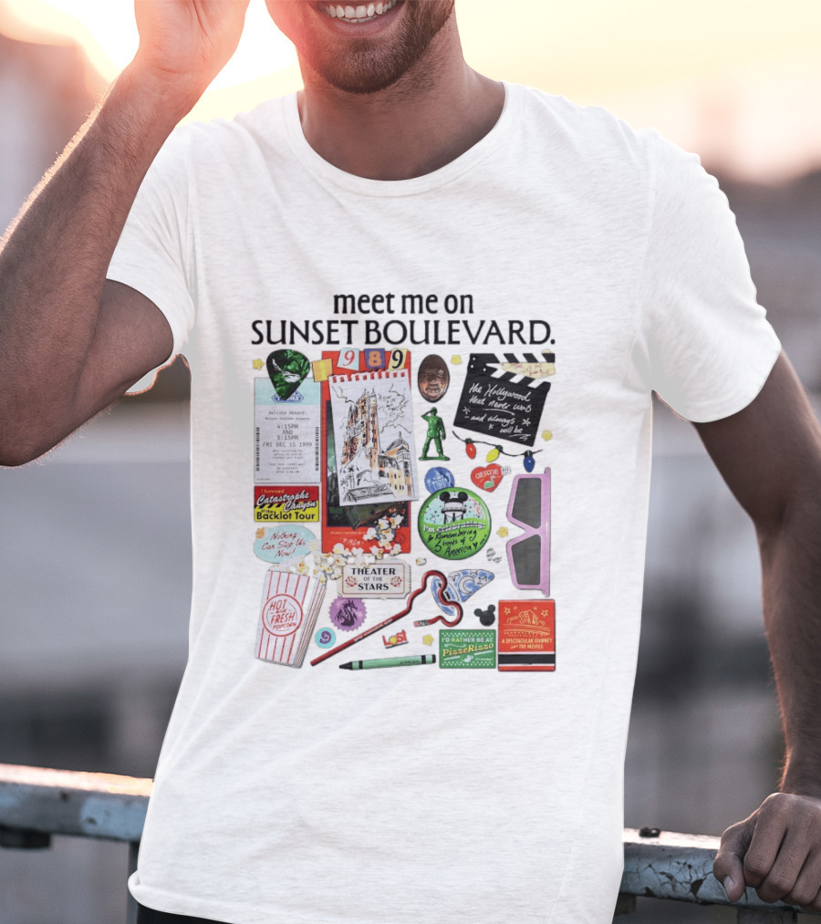 Meet Me On Sunset Boulevard Hollywood Tower Of Terror Theater Of The Stars Pizza Rizzo 3D Glasses Collage T-Shirt