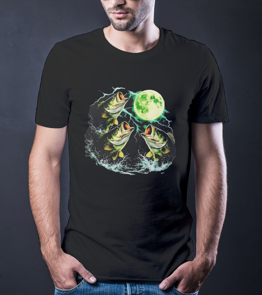 Bass Jumping Full Moon Night Wildlife Nature Scene T-Shirt