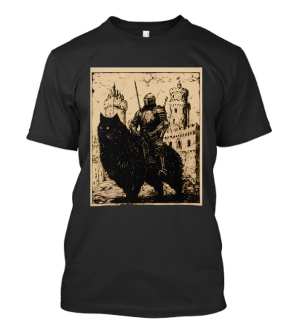 Knight Riding Giant Cat In Medieval Fantasy Castle Scene T-Shirt