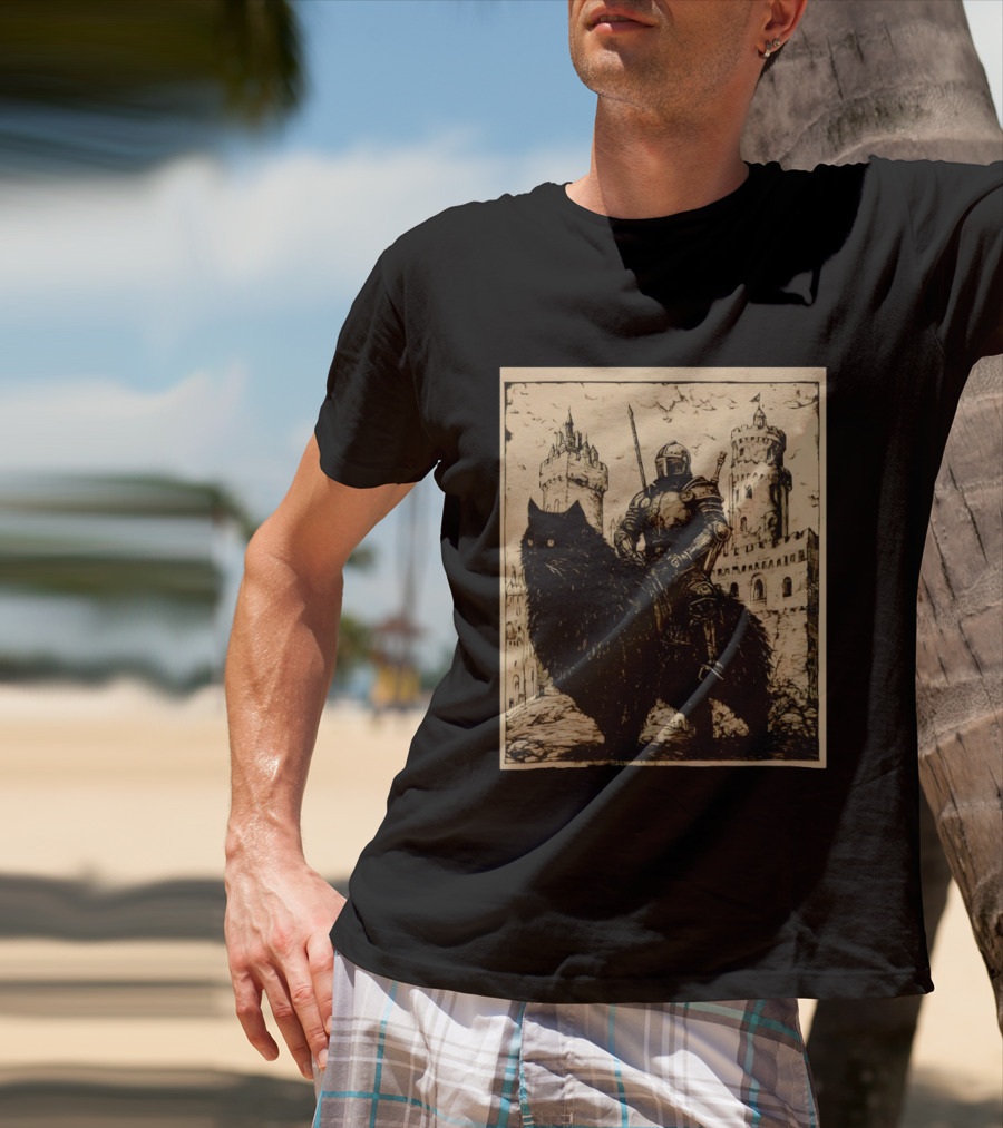 Knight Riding Giant Cat In Medieval Fantasy Castle Scene T-Shirt