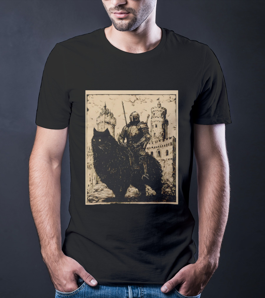 Knight Riding Giant Cat In Medieval Fantasy Castle Scene T-Shirt