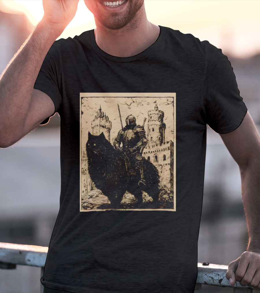 Knight Riding Giant Cat In Medieval Fantasy Castle Scene T-Shirt
