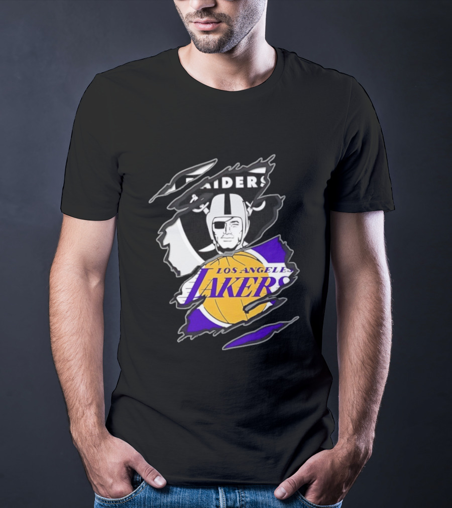 Las Vegas Raiders Los Angeles Lakers Two Teams One Heart Scratch T-Shirt