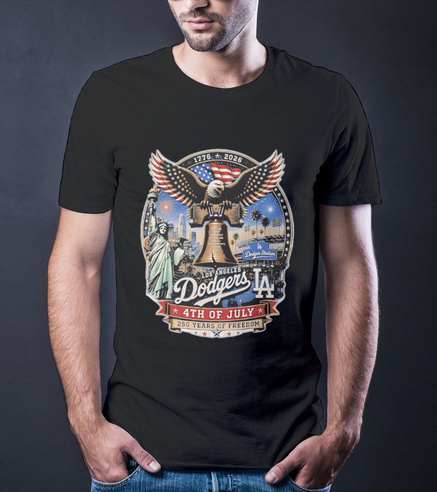 Los Angeles Dodgers 4th Of July 1776 2026 250 Years Of Freedom With Liberty Bell And Dodger Stadium T-Shirt