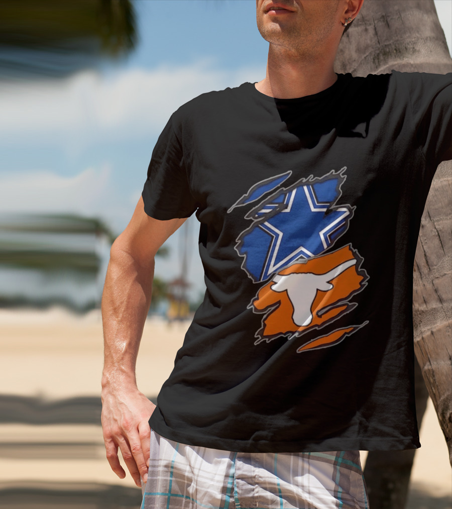 Dallas Cowboys Texas Longhorns Two Teams One Heart Scratch Torn Star Helmet T-Shirt