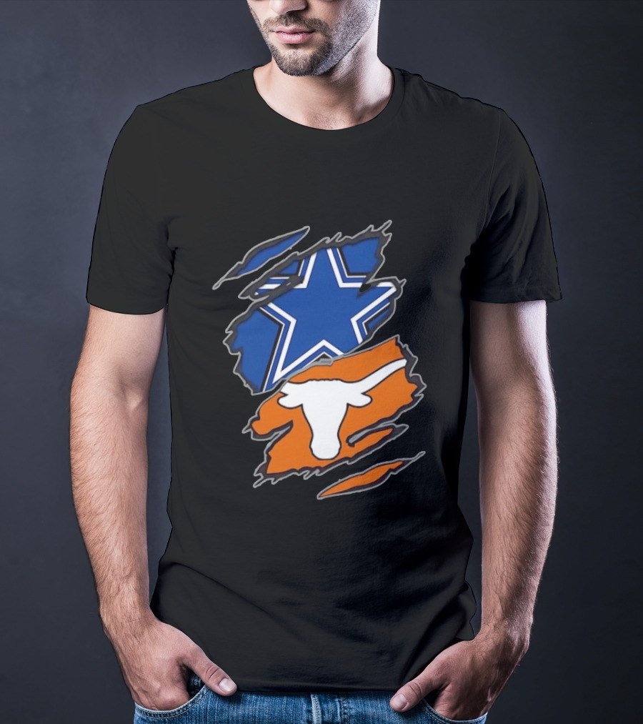 Dallas Cowboys Texas Longhorns Two Teams One Heart Scratch Torn Star Helmet T-Shirt