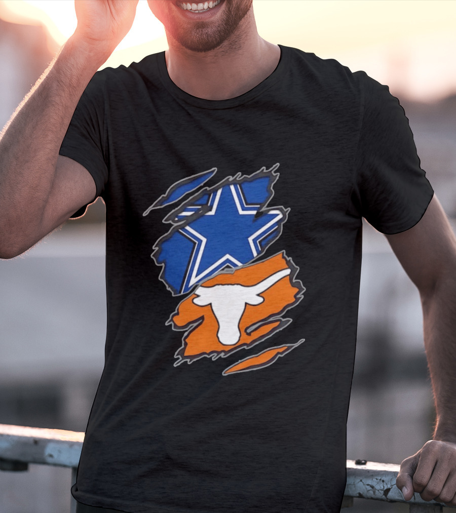 Dallas Cowboys Texas Longhorns Two Teams One Heart Scratch Torn Star Helmet T-Shirt