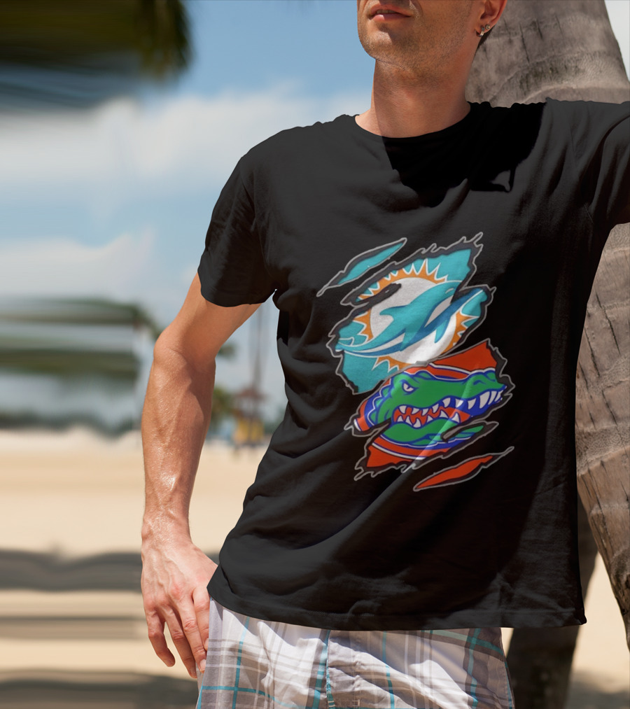 Miami Dolphins Florida Gators Two Teams One Heart Scratch T-Shirt
