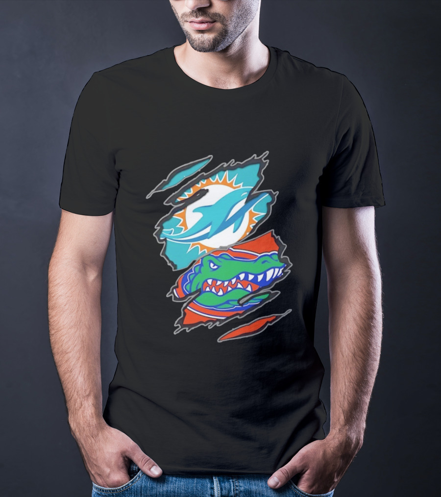 Miami Dolphins Florida Gators Two Teams One Heart Scratch T-Shirt