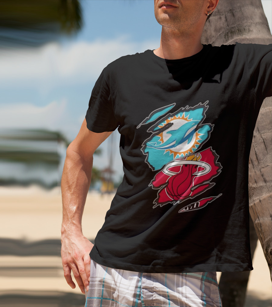 Miami Dolphins Miami Heat Two Teams One Heart Scratch T-Shirt