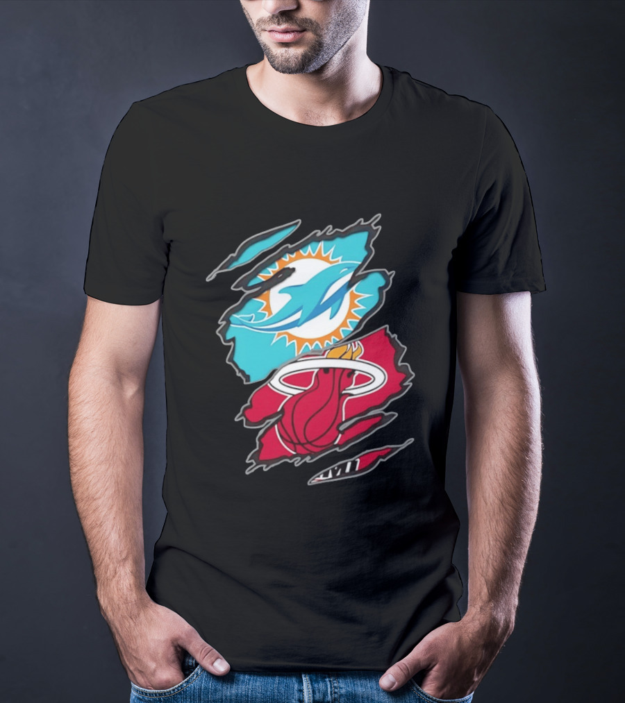 Miami Dolphins Miami Heat Two Teams One Heart Scratch T-Shirt