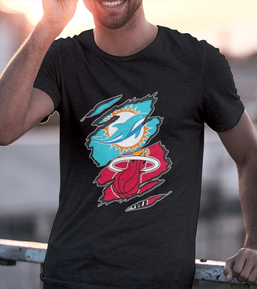Miami Dolphins Miami Heat Two Teams One Heart Scratch T-Shirt