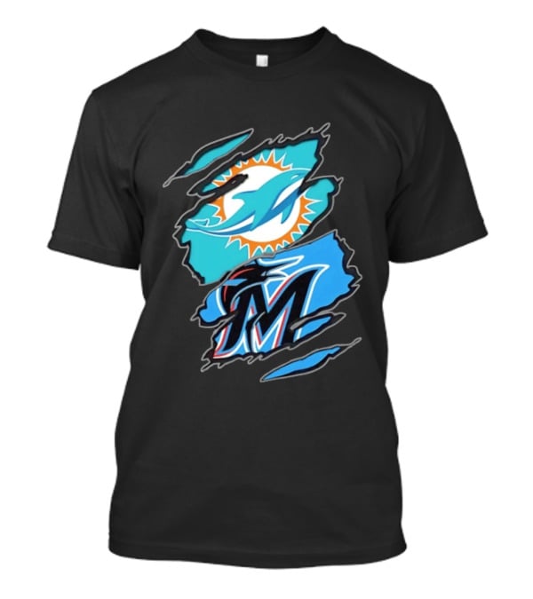 Miami Dolphins Miami Marlins Two Teams One Heart Scratch Marks T-Shirt