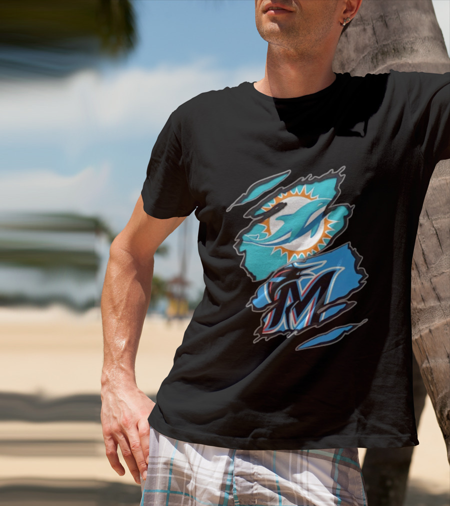 Miami Dolphins Miami Marlins Two Teams One Heart Scratch Marks T-Shirt