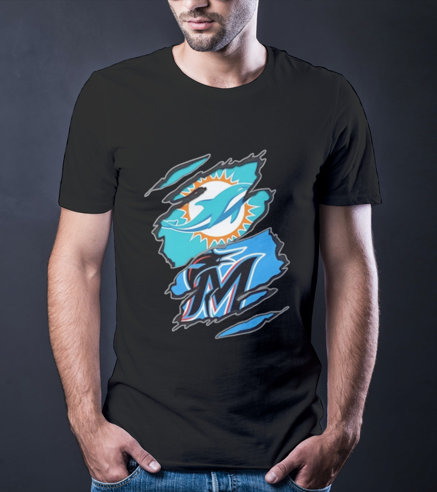 Miami Dolphins Miami Marlins Two Teams One Heart Scratch Marks T-Shirt