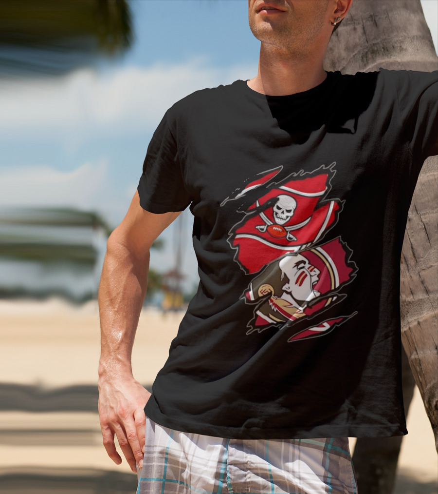 Tampa Bay Buccaneers And Florida State Seminoles Two Teams One Heart Scratch Skull Flag Warrior Face T-Shirt