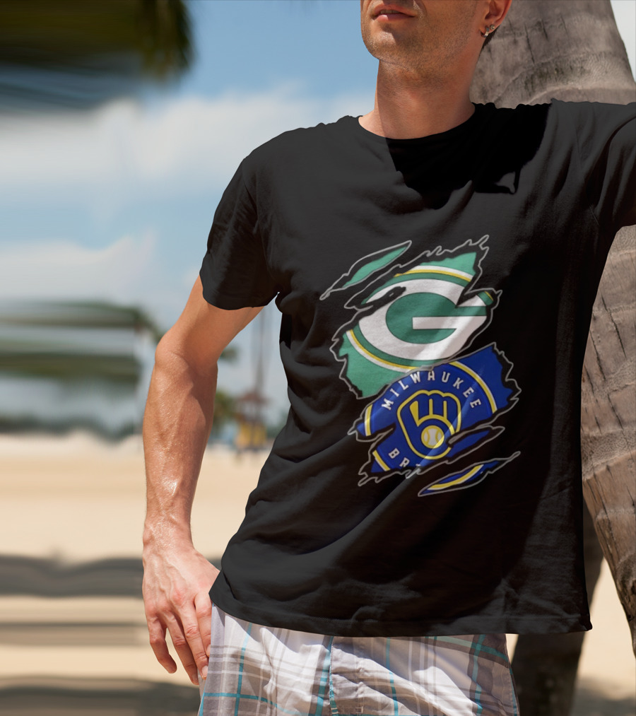 Green Bay Packers Milwaukee Brewers Two Teams One Heart Scratch T-Shirt