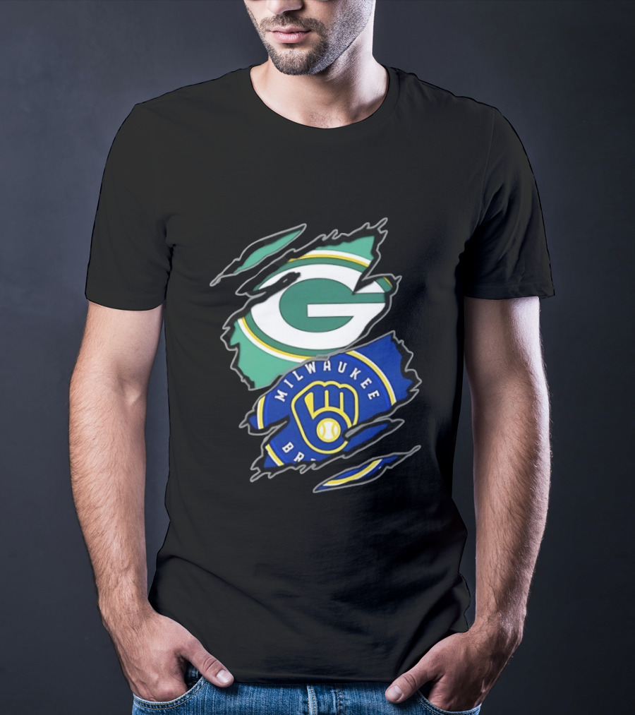 Green Bay Packers Milwaukee Brewers Two Teams One Heart Scratch T-Shirt