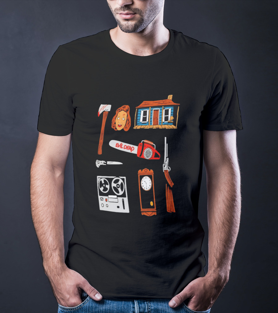 Evil Dead Horror Collage Chainsaw Cabin Axe Ash Williams T-Shirt