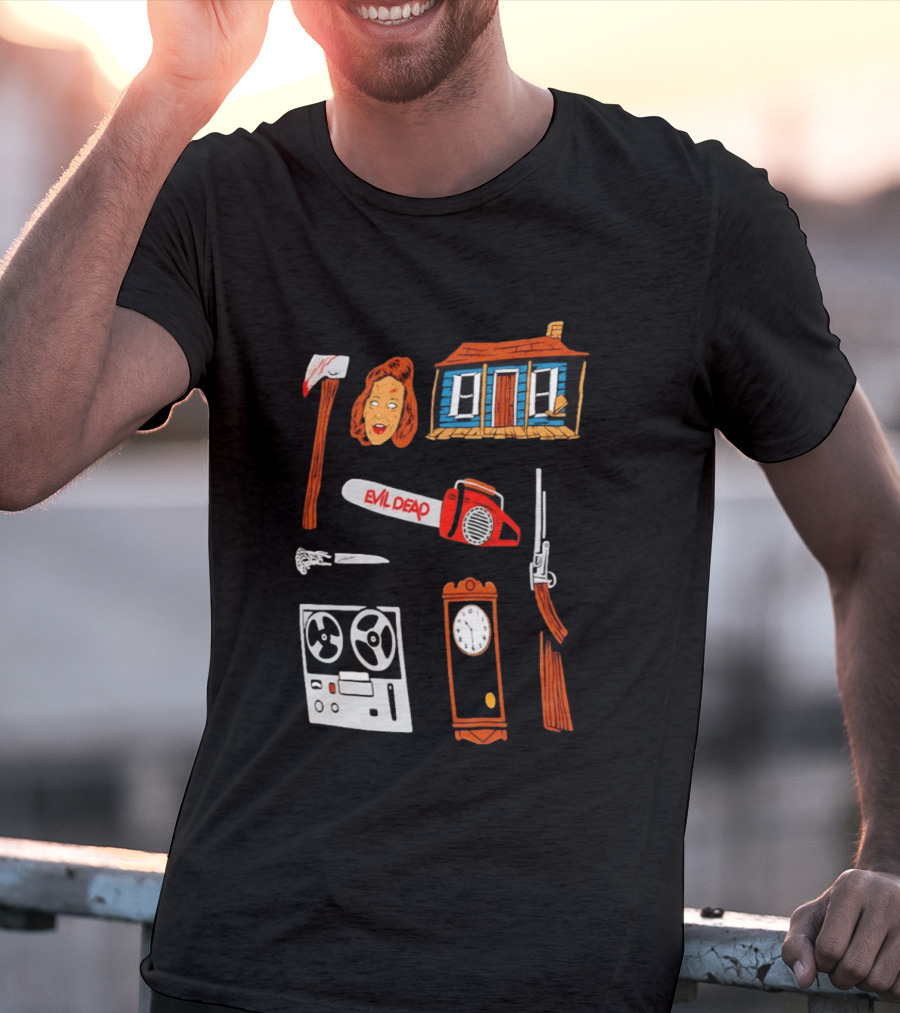 Evil Dead Horror Collage Chainsaw Cabin Axe Ash Williams T-Shirt