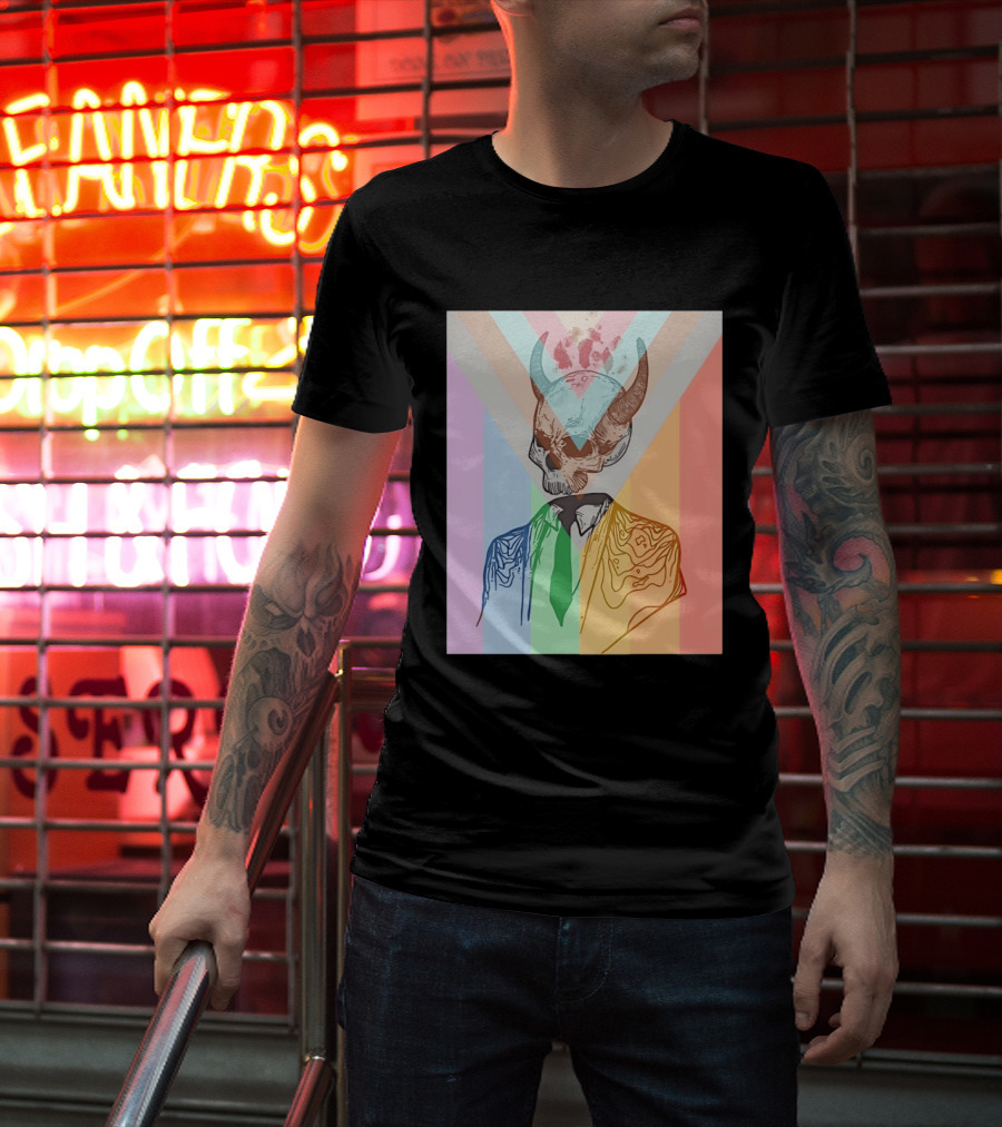 Horned Devil Skull Suit Pride Flag Surrealism Abstract Colorful T-Shirt
