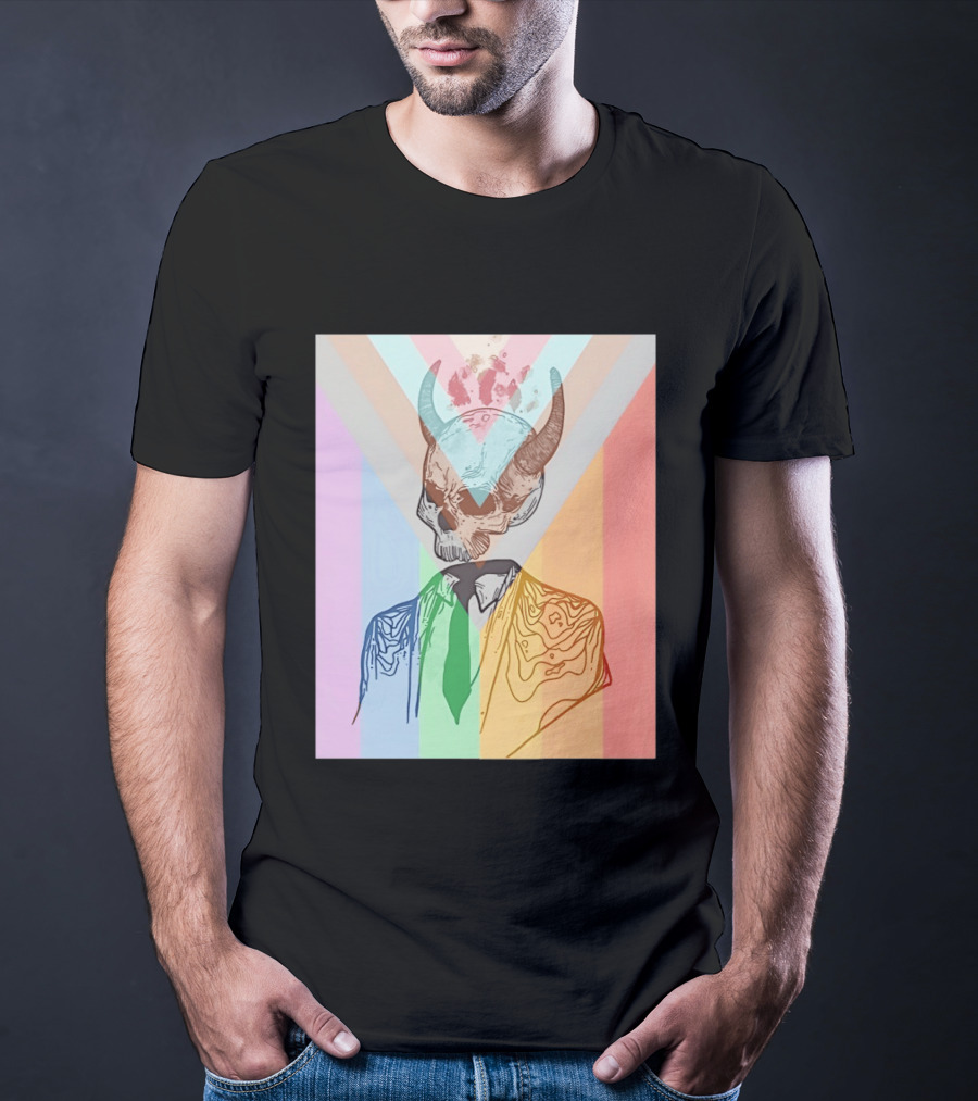 Horned Devil Skull Suit Pride Flag Surrealism Abstract Colorful T-Shirt