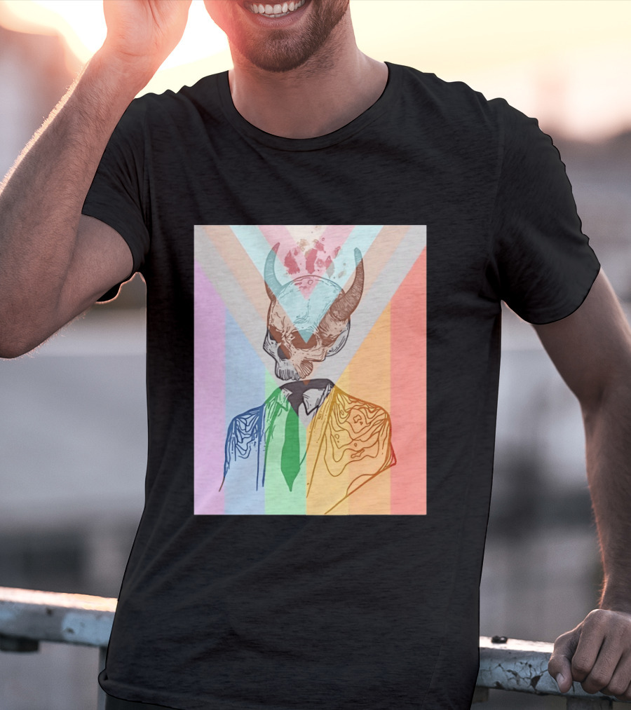 Horned Devil Skull Suit Pride Flag Surrealism Abstract Colorful T-Shirt