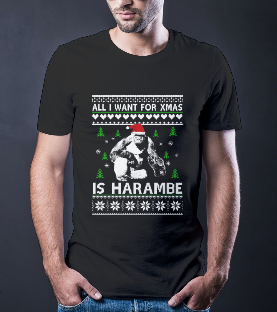 All I Want For Xmas Is Harambe Santa Hat Ugly Christmas T-Shirt