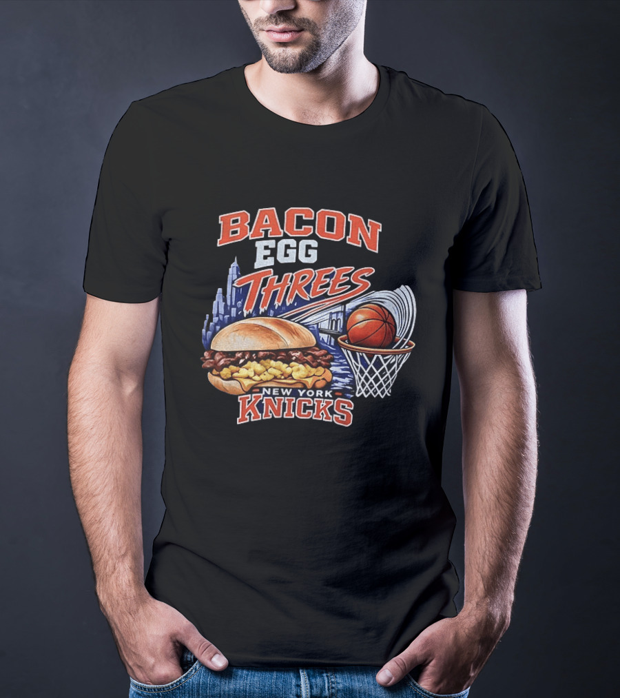 Bacon Egg And Threes New York Knicks Basketball Skyline Basketball Hoop Burger T-Shirt